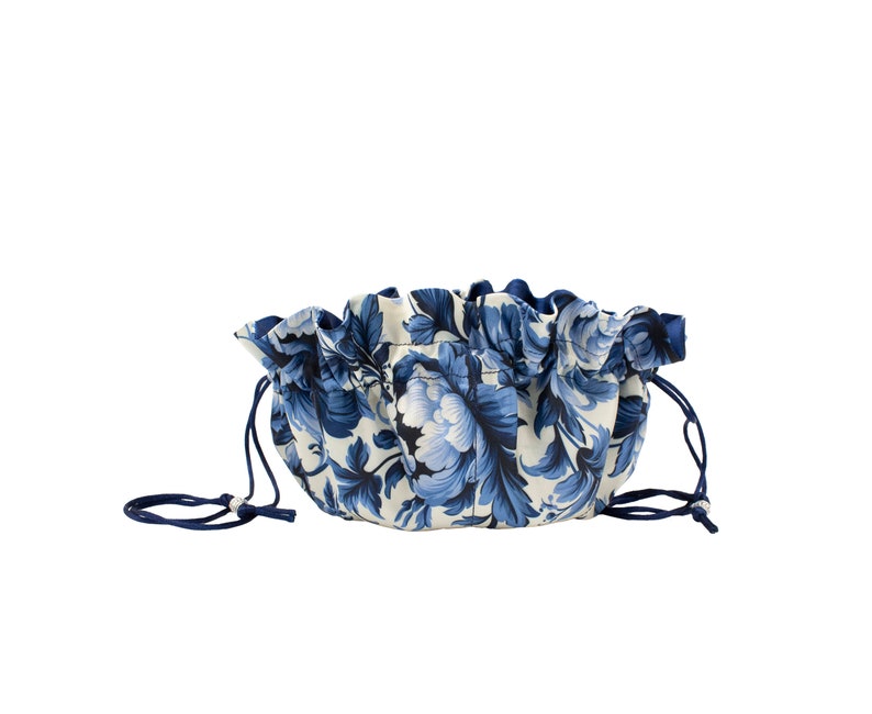 Navy Blue Floral Satin Drawstring Pouch with Eight Pockets Customize with Your Favorite Color Satin Interior Bild 3