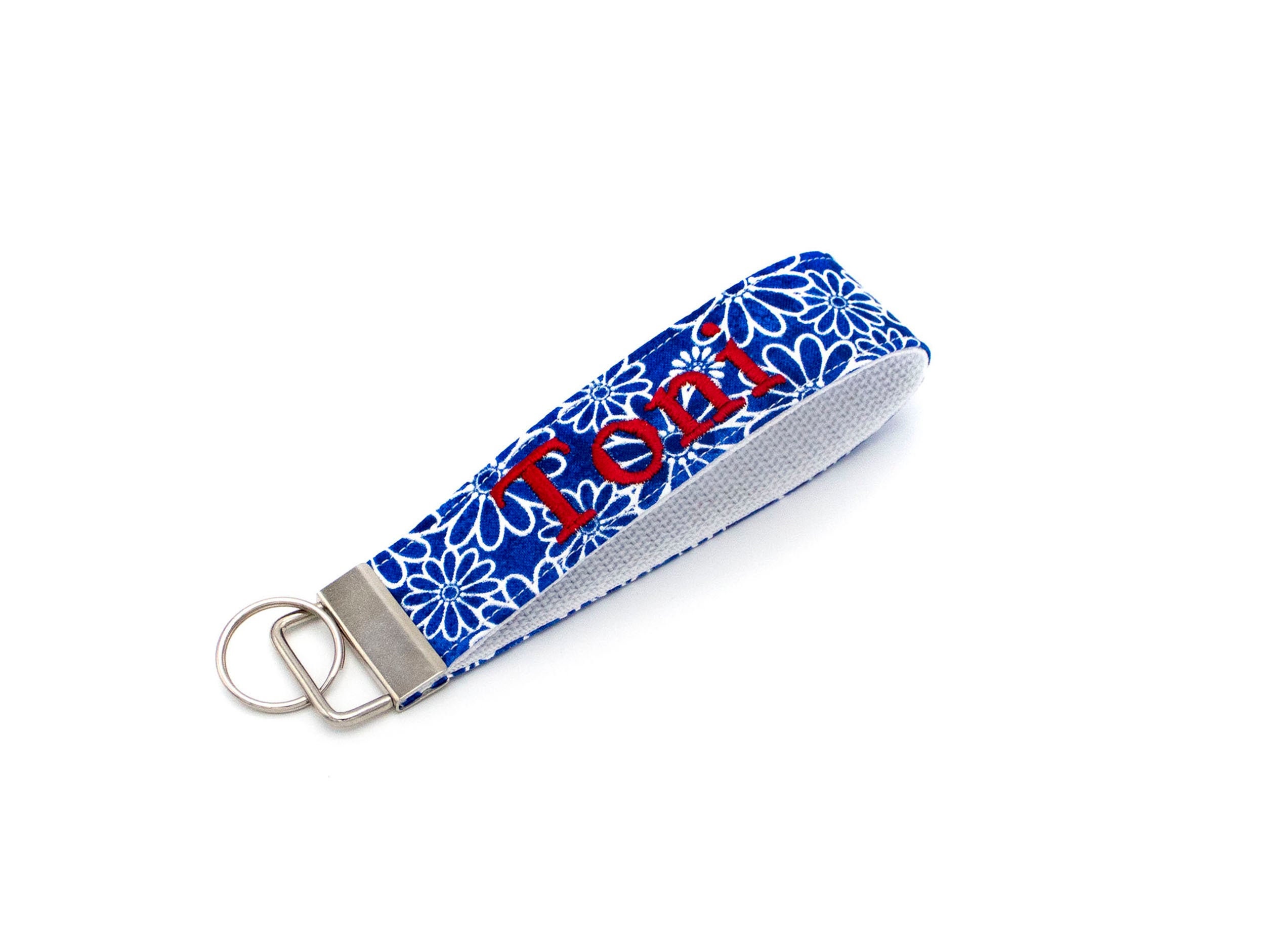 Porte-clés Personnalisé 'Daisies' - Marguerites Blanches Sur Fond Bleu, Fait Main Aux USA, Tissu