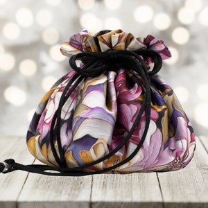 Purple Floral Satin Drawstring Pouch with Eight Pockets - Customize with Your Favorite Color Satin Interior!