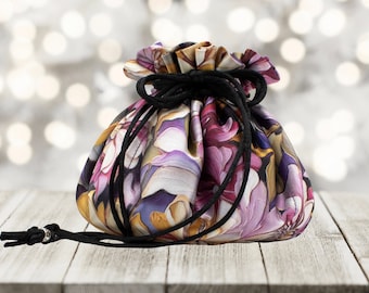 Purple Floral Satin Drawstring Pouch with Eight Pockets - Customize with Your Favorite Color Satin Interior!