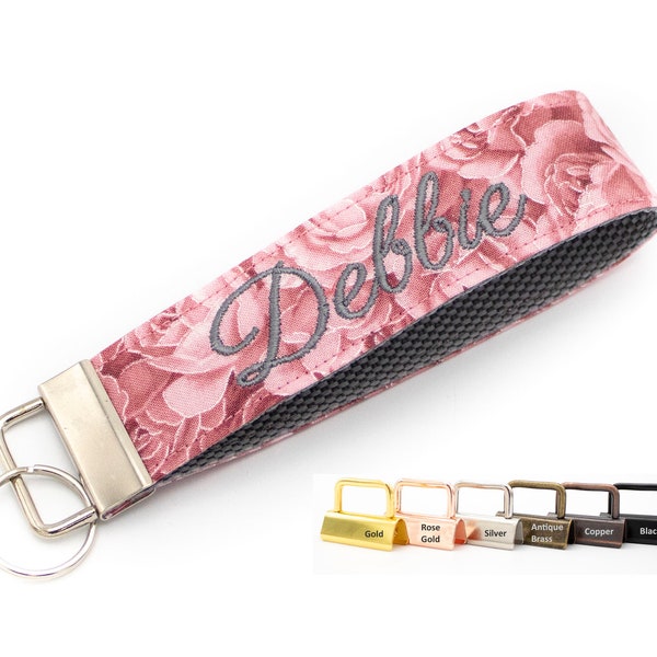 Pink Keychain Wristlet, Key Fob Personalized with Embroidery, Add Custom Embroidered Monogram, Name or Phrase, You Pick Color Combination