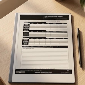 May include: A digital tablet with a black stylus on a wooden surface. The tablet displays a daily blood glucose tracker with sections for morning, afternoon, and evening readings. The text "reMarkable Edition" is at the bottom.