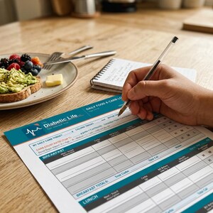 May include: A hand writing on a "Diabetic Life" food and carb log sheet with a pen. A plate of avocado toast, berries, and butter sits nearby. A notepad and silverware are also on the wooden surface.