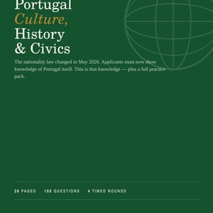 Puede incluir: Una portada de libro verde oscuro titulada Portugal Culture, History & Civics, Premium Edition. Incluye un gráfico de globo terráqueo, texto sobre la ley de nacionalidad de 2026, y detalles de 28 páginas, 100 preguntas y 4 rondas cronometradas.