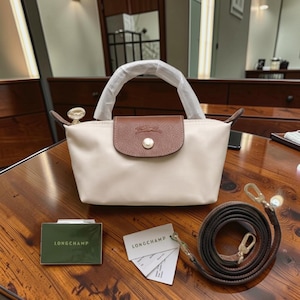 Longchamp Mini Beige Nylon Crossbody Bag, Detachable Strap Shoulder Purse, Lightweight Everyday Travel Handbag for Women