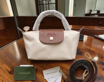 Longchamp Mini Beżowa Nylonowa Torebka na Ramię, Odpinany Pasek, Lekka Codzienna Torebka Podróżna dla Kobiet
