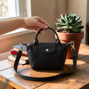 Longchamp Le Pliage Energy Mini Black Bag, Crossbody Shoulder Handbag, Detachable Strap Purse, Lightweight Travel Bag for Women