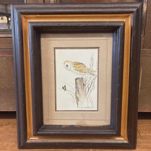 May include: A framed watercolor painting featuring a barn owl perched on a wooden post with a small butterfly nearby. The artwork is set within a tan mat and a multi-toned dark brown and light wood frame with a visible signature at the bottom right.