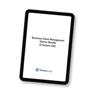 以下が含まれることがあります： 黒いタブレットに「Business Client Management Starter Bundle (3-System Set)」というテキストが黒字で表示されています。「Clearline Digital」のロゴが下にあります。タブレットはわずかに傾いており、白い背景に配置されています。