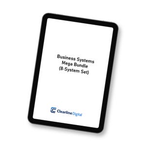 以下が含まれることがあります： 黒いタブレットに「Business Systems Mega Bundle (8-System Set)」というテキストが黒いフォントで白い背景に表示されています。「Clearline Digital」のロゴが下にあります。
