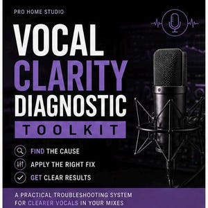 May include: A promotional image for a vocal clarity diagnostic toolkit. The image features a black microphone, the text "VOCAL CLARITY DIAGNOSTIC TOOLKIT" in white and purple, and bullet points: "FIND THE CAUSE", "APPLY THE RIGHT FIX", and "GET CLEAR RESULTS".