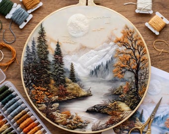 Pode incluir: Um bastidor de bordado circular contendo uma paisagem com lua cheia, montanhas nevadas, um lago calmo e densas florestas de pinheiros. O bordado apresenta fios em tons de verde, castanho, laranja e branco, rodeado por bobinas de linha e tesouras douradas.