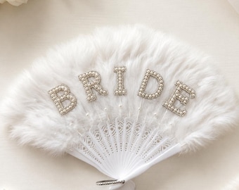 Personalised Bride Feather Fan | Hen do | Pearl Embellished Bridal Accessory