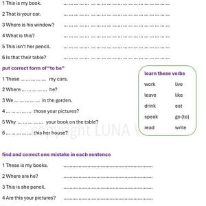 May include: A white worksheet with English grammar exercises. The worksheet includes sections on pluralization, verb conjugation, and sentence correction. A green box lists verbs. The title reads "DAY 4 (four)".