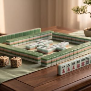 Pode incluir: Um conjunto de Mahjong com pe&ccedil;as retangulares de verso verde e faces brancas com caracteres vermelhos e pretos. O conjunto inclui dois dados bege esculpidos, um pequeno pote de cer&acirc;mica castanha com varetas e uma fila de pe&ccedil;as sobre uma mesa.