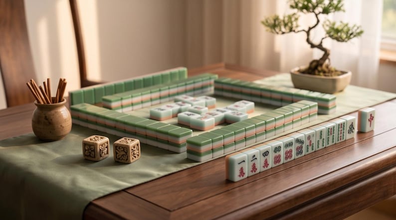 Pode incluir: Um conjunto de Mahjong com pe&ccedil;as retangulares de verso verde e faces brancas com caracteres vermelhos e pretos. O conjunto inclui dois dados bege esculpidos, um pequeno pote de cer&acirc;mica castanha com varetas e uma fila de pe&ccedil;as sobre uma mesa.