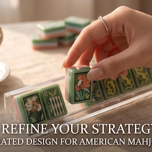 Pode incluir: Um conjunto de pe&ccedil;as de Mahjong verdes e brancas com desenhos florais e num&eacute;ricos dispostas num suporte de acr&iacute;lico transparente. O texto REFINE YOUR STRATEGY CURATED DESIGN FOR AMERICAN MAHJONG est&aacute; impresso na parte inferior.
