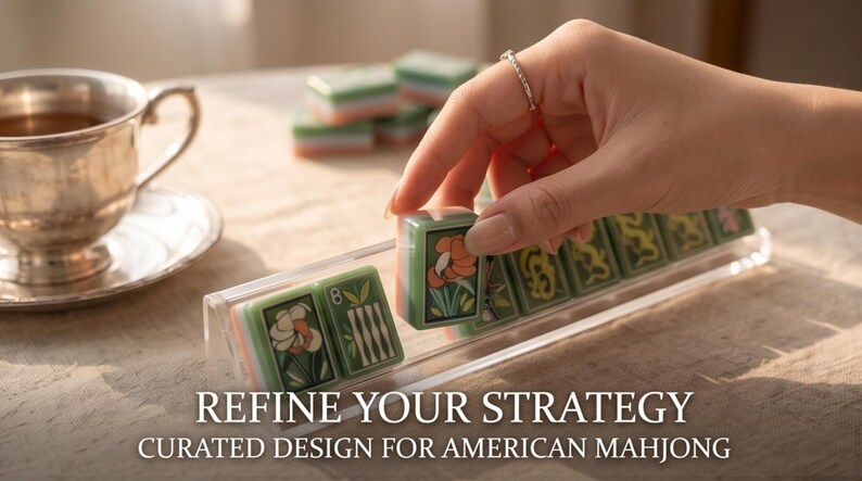 Pode incluir: Um conjunto de pe&ccedil;as de Mahjong verdes e brancas com desenhos florais e num&eacute;ricos dispostas num suporte de acr&iacute;lico transparente. O texto REFINE YOUR STRATEGY CURATED DESIGN FOR AMERICAN MAHJONG est&aacute; impresso na parte inferior.