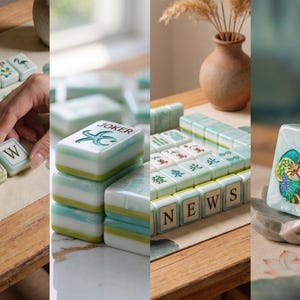 May include: A set of rectangular Mahjong tiles featuring a marbled light green and white finish. The tiles display various black letters, including the word NEW, the word JOKER, and colorful illustrations of a flamingo and a butterfly.