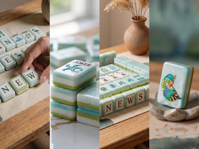 May include: A set of rectangular Mahjong tiles featuring a marbled light green and white finish. The tiles display various black letters, including the word NEW, the word JOKER, and colorful illustrations of a flamingo and a butterfly.