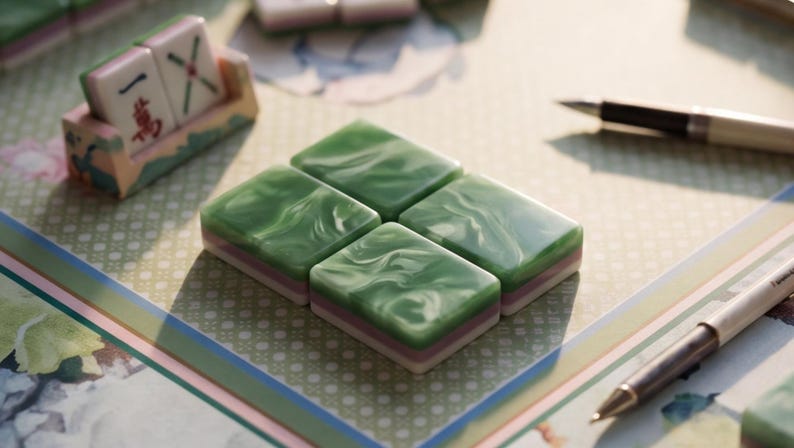 May include: Four rectangular mahjong tiles with a marbled green top surface and layered white and purple bases arranged in a square formation, accompanied by a tile rack displaying a tile with red Chinese characters and a black ink pen.