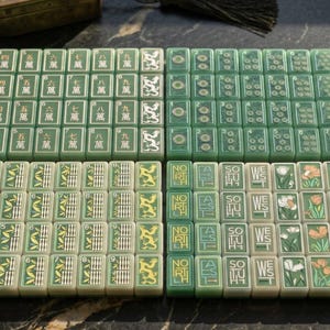 Pode incluir: Um conjunto completo de pe&ccedil;as retangulares de mahjong em tons de verde claro e escuro. As pe&ccedil;as apresentam caracteres chineses gravados, padr&otilde;es de bambu, desenhos florais e texto direcional incluindo North, East, South e West em branco.