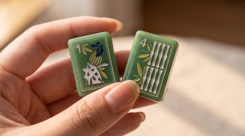 Pode incluir: Duas pe&ccedil;as retangulares verdes de mahjong com desenhos gravados. A pe&ccedil;a da esquerda exibe o n&uacute;mero 1 com um motivo de p&aacute;ssaro e folhagem. A pe&ccedil;a da direita exibe o n&uacute;mero 4 com um padr&atilde;o de bambu. Ambas possuem detalhes em tom dourado.