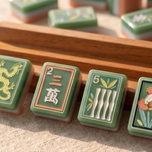 Pode incluir: Um conjunto de pe&ccedil;as retangulares verdes de Mahjong com desenhos gravados, incluindo um drag&atilde;o dourado, caracteres chineses, caules de bambu e um padr&atilde;o floral, dispostas em frente a um suporte de madeira sobre uma superf&iacute;cie texturizada.