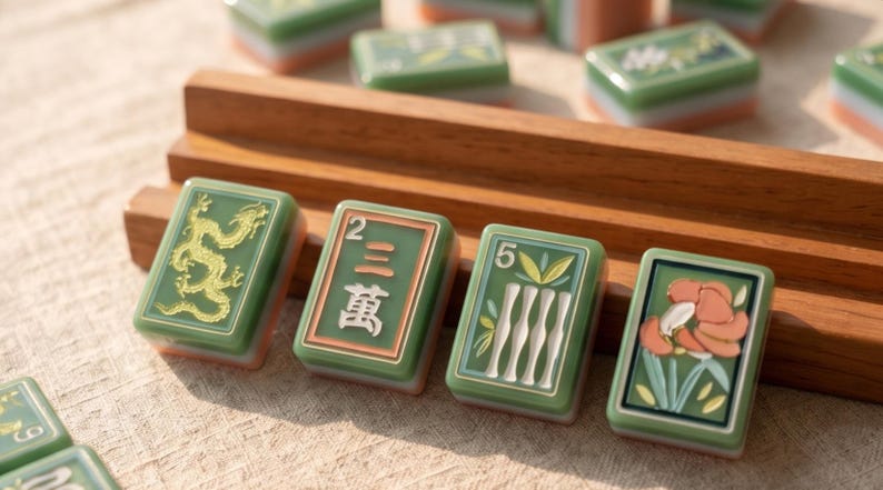 Pode incluir: Um conjunto de pe&ccedil;as retangulares verdes de Mahjong com desenhos gravados, incluindo um drag&atilde;o dourado, caracteres chineses, caules de bambu e um padr&atilde;o floral, dispostas em frente a um suporte de madeira sobre uma superf&iacute;cie texturizada.