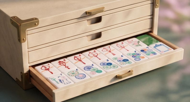 May include: A light-colored wooden storage chest with three drawers, featuring brass-toned corner accents and handles. The bottom drawer is open, revealing a set of white rectangular tiles with colorful graphic illustrations and numbers printed on them.