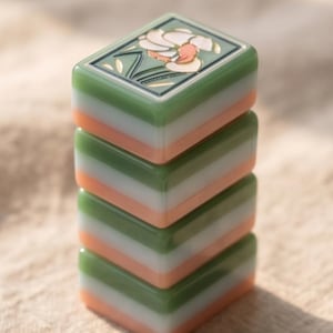 Pode incluir: Uma pilha vertical de quatro pe&ccedil;as retangulares com um acabamento liso e brilhante. Cada pe&ccedil;a apresenta um design em camadas com faixas verdes, brancas e cor de p&ecirc;ssego. A pe&ccedil;a superior exibe uma ilustra&ccedil;&atilde;o floral gravada.