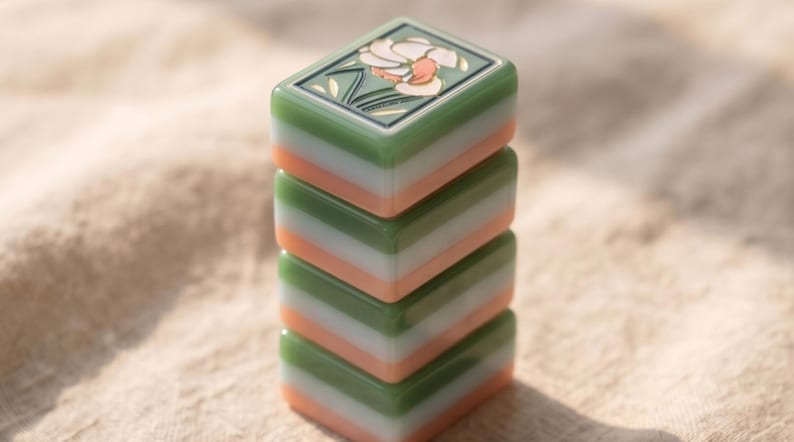 Pode incluir: Uma pilha vertical de quatro pe&ccedil;as retangulares com um acabamento liso e brilhante. Cada pe&ccedil;a apresenta um design em camadas com faixas verdes, brancas e cor de p&ecirc;ssego. A pe&ccedil;a superior exibe uma ilustra&ccedil;&atilde;o floral gravada.