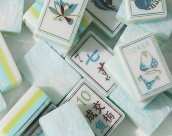 American Mahjong Set – 160 Pearl Aqua Acrylic Tiles – Tropical Ocean Design – Summer Beach Gift