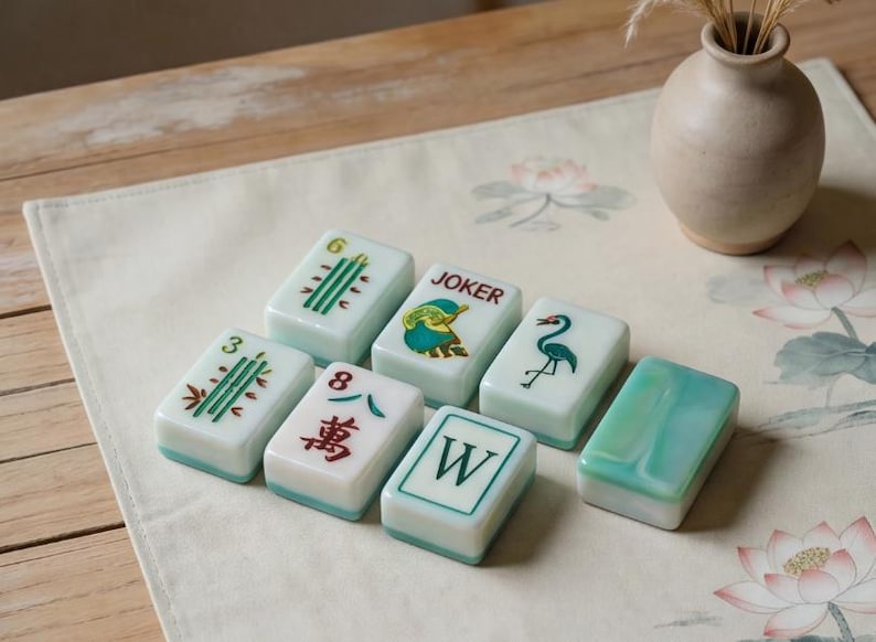 May include: A set of seven rectangular mahjong tiles with a pale green and white marbled finish. The tiles feature various designs including green bamboo stalks, a red Chinese character, a Joker label, a green crane, and a letter W.