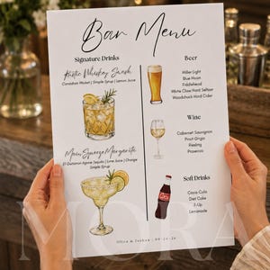 May include: A white bar menu card featuring black text and watercolor illustrations of drinks. The menu lists Signature Drinks, Beer, Wine, and Soft Drinks, including specific beverage names and ingredients. The bottom includes the text Oliva & Joshua | 09-26-26.