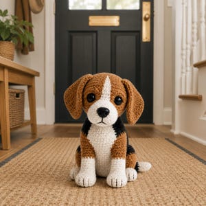 May include: A crocheted beagle dog with brown, white, and black details. The handmade stuffed animal has large, floppy ears and sits upright on a woven rug. The dog's eyes are black, and it has a white stripe down its face.