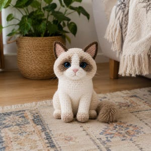 May include: A handmade crochet cat doll in a sitting position. The cat has a cream-colored body with brown markings around the eyes, ears, and paws. It has blue eyes and a fluffy tail. The doll is sitting on a patterned rug.