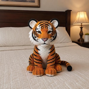 Op de afbeelding: Een handgemaakt gehaakt tijgerspeelgoed in oranje, zwart en wit. De tijger heeft zwarte strepen, een witte snuit en een roze neus. Het speelgoed zit op een bed met een neutraal gekleurde quilt.