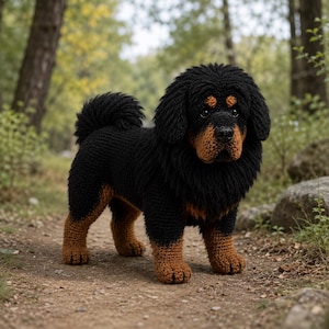 May include: A handmade crochet dog in a forest setting. The dog is black with brown accents on its face and paws. The dog has a fluffy mane and tail. The dog is standing on a dirt path.
