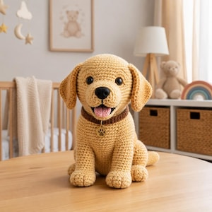 May include: A crocheted golden retriever puppy dog with a brown collar and paw print tag. The dog has a pink tongue and black eyes. The handmade plush toy is sitting on a wooden surface.