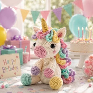 May include: A crocheted unicorn with a rainbow mane and a golden horn sits near a "Happy Birthday" card. The unicorn is cream-colored with pink, purple, and blue accents. A birthday cake with lit candles and colorful balloons are in the background.