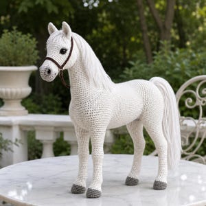 Puede incluir: Figura de caballo blanco hecha a ganchillo, con larga melena y cola. El caballo tiene una brida marrón y cascos grises. La figura amigurumi está sobre una mesa de mármol, mostrando el detallado trabajo de ganchillo.