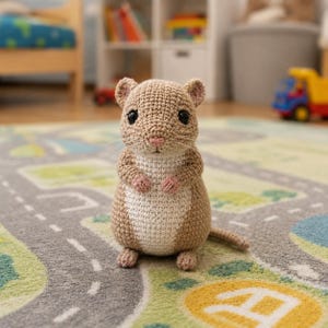 May include: A handmade crochet mouse toy in shades of tan and white, with black eyes and pink accents on the paws and nose. The amigurumi mouse is standing on a colorful rug with a road design.