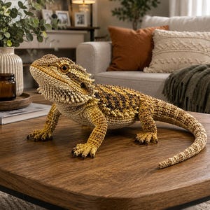 May include: A crocheted bearded dragon in shades of tan, brown, and yellow, with detailed scales and a spiky frill around its head. The handmade reptile is posed on a wooden table, showcasing its intricate design and realistic features.