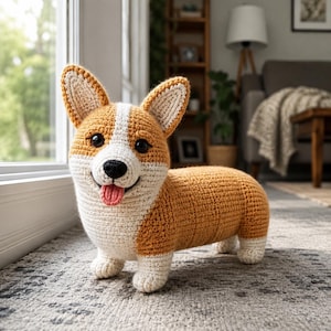 Könnte beinhalten: Ein gehäkeltes Corgi-Stofftier mit einem goldbraunen und weißen Garnkörper, spitzen Ohren, schwarzen Kunststoffaugen, einer schwarzen Nase und einer kleinen herausgestreckten rosa Zunge. Das Plüschtier steht auf vier kurzen Beinen mit weißen Pfoten.