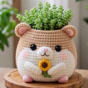 May include: A handmade crochet hamster planter in tan and white, holding a yellow sunflower. The planter has black eyes, pink cheeks, and ears. It is filled with a green succulent plant and sits on a wooden surface.