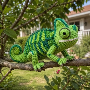 Op de afbeelding: Een handgemaakte gehaakte kameleon in groen- en donkergroentinten, zittend op een tak. Het reptiel heeft gedetailleerde kenmerken, waaronder een gekrulde staart, een getextureerde huid en zwarte ogen. De achtergrond toont een groen gazon en een huis.
