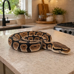 May include: A crocheted snake in shades of brown, black, and tan, coiled on a countertop. The handmade reptile features detailed stitching, mimicking the pattern of a ball python. The snake's head is visible, with small, dark eyes.