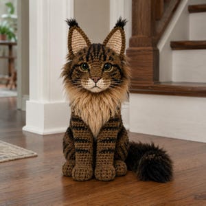 Op de afbeelding: Een handgemaakte gehaakte kattenfiguur in bruin en zwart, met een pluizige manen en staart. De kat heeft gedetailleerde kenmerken, waaronder grote ogen en puntige oren. De kat zit op een houten vloer.