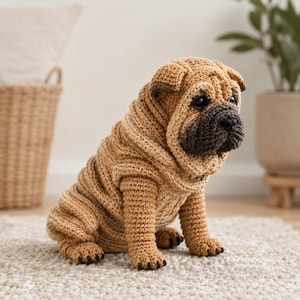 May include: A handcrafted, crocheted Shar Pei dog in shades of tan and brown. The dog features a wrinkled design, a dark brown snout, and black paws. It is sitting on a light-coloured rug.